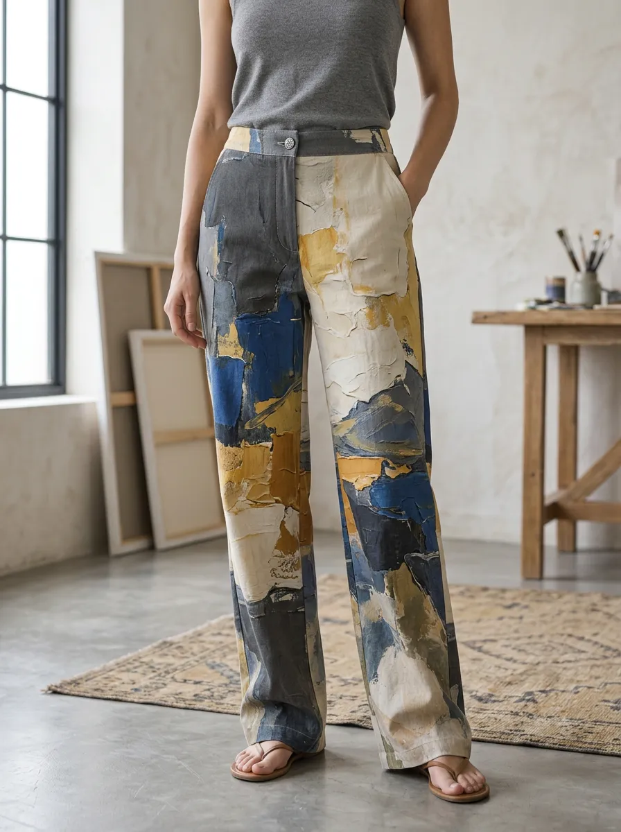 Women's Relaxed Abstract Oil Painting Art Printed Wide Leg Pants