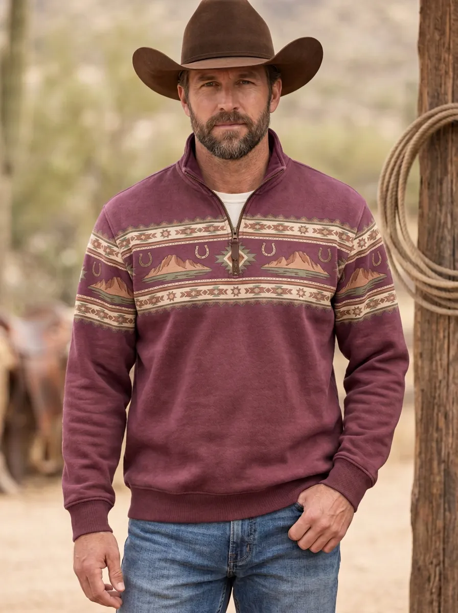 Men's Western Cowboy Horseshoe Horse Mountain Quarter-Zip Sweatshirt