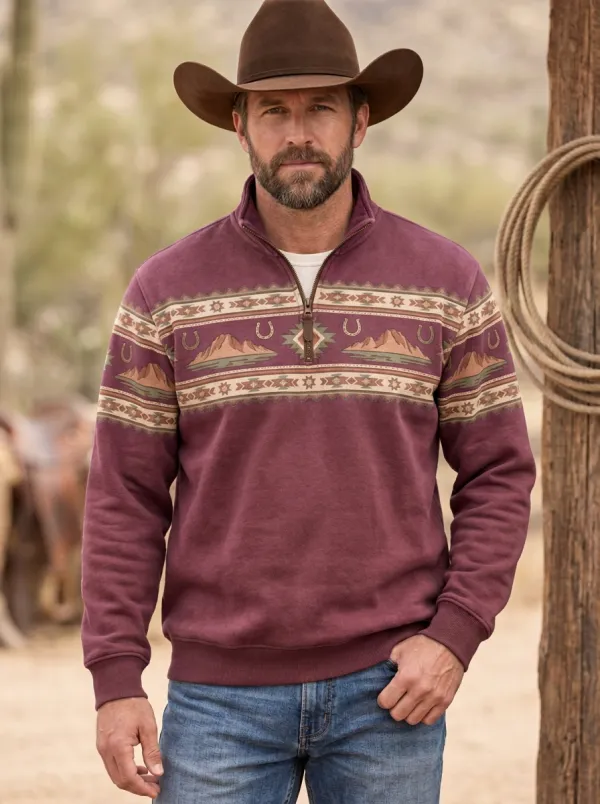 Men's Western Cowboy Horseshoe Horse Mountain Quarter-Zip Sweatshirt