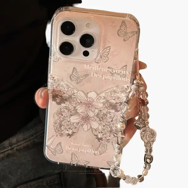Floral Butterfly Wrist Strap Beaded Wristlet Phone Case