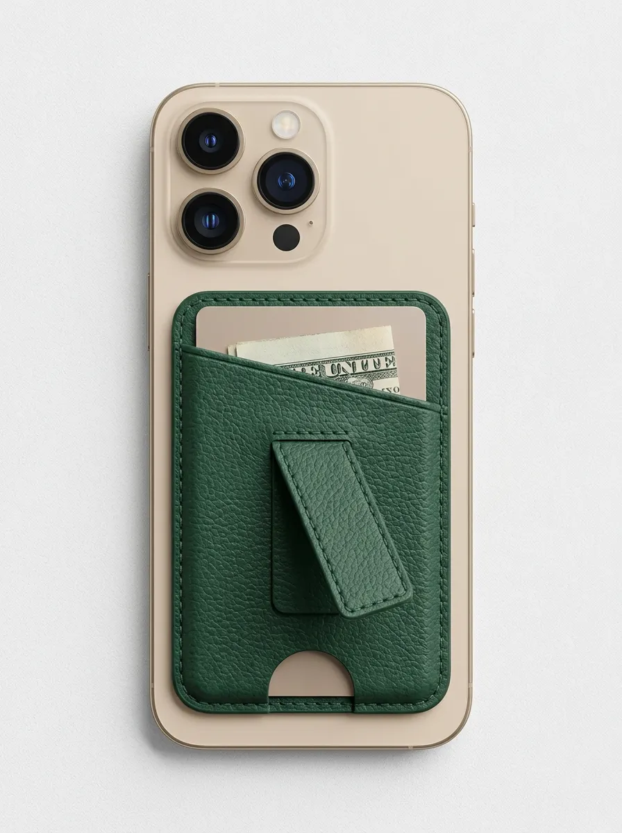 Unisex Minimalist Green Leather Textured Kickstand Phone Card Holder