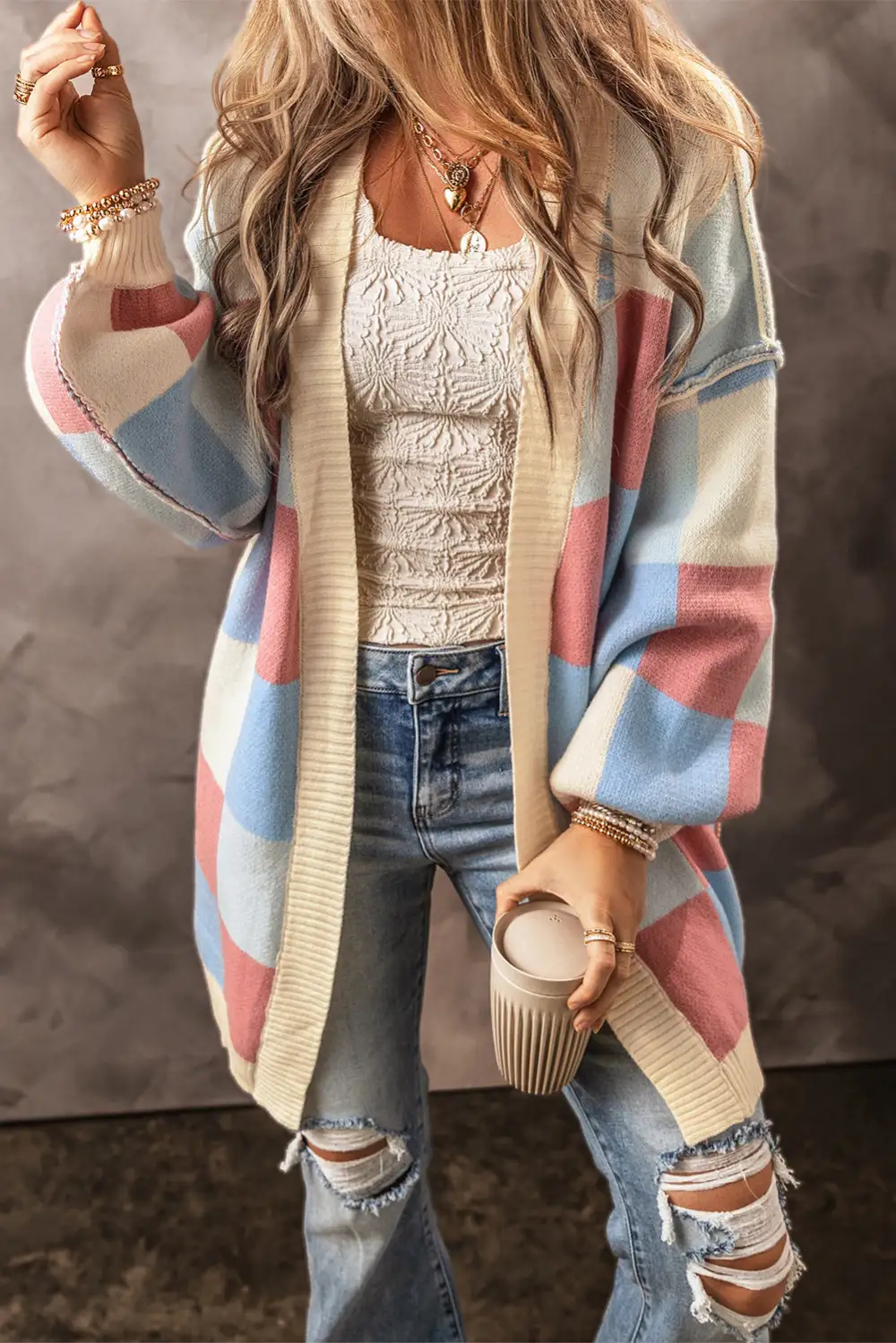Soft Knit Checkered Open Front Drop Shoulder Cardigan