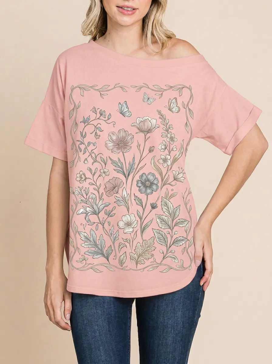 Women's Botanical Butterfly Floral Frame Printed T-shirt