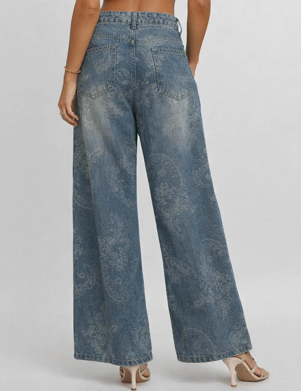 Jacquard Pocket Jeans Wide Leg Denim Pants