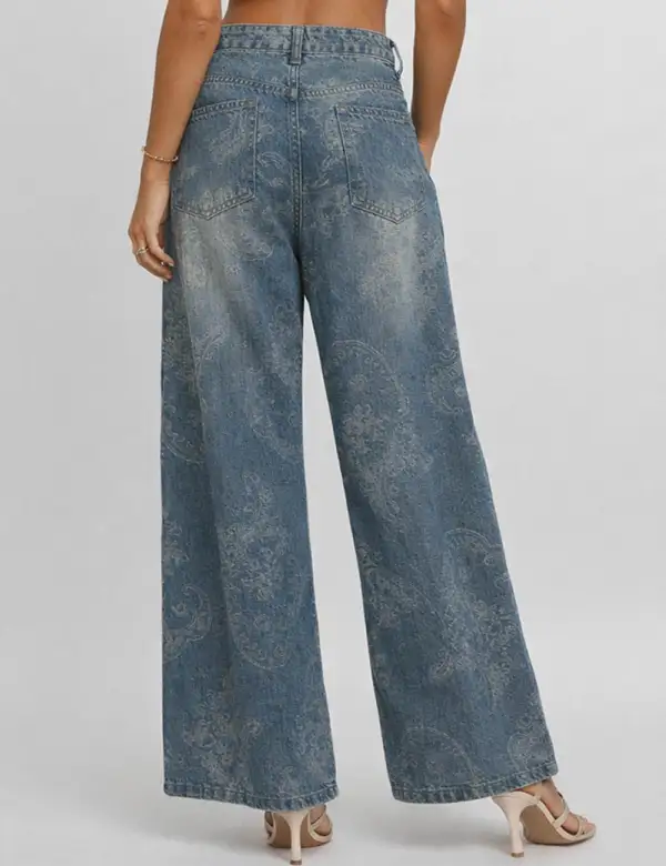Jacquard Pocket Jeans Wide Leg Denim Pants