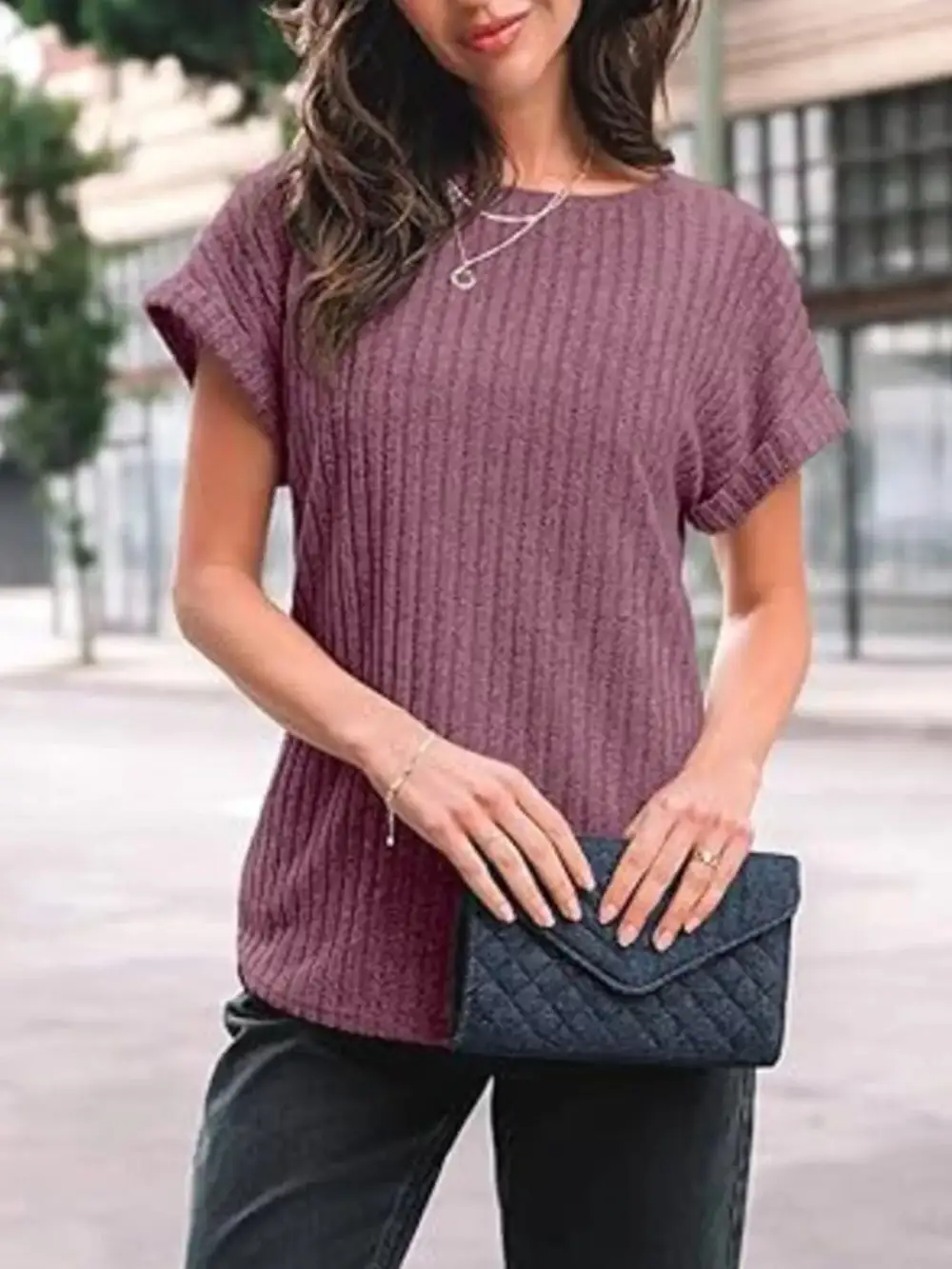Casual Ribbed Knit Short Sleeve T Shirt