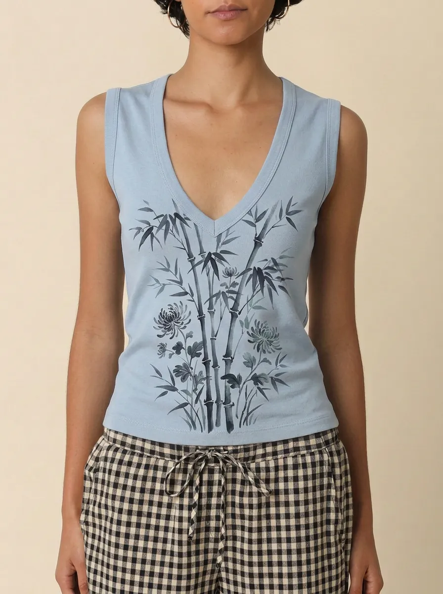Women's Zen Bamboo Chrysanthemum Floral Printed tank top