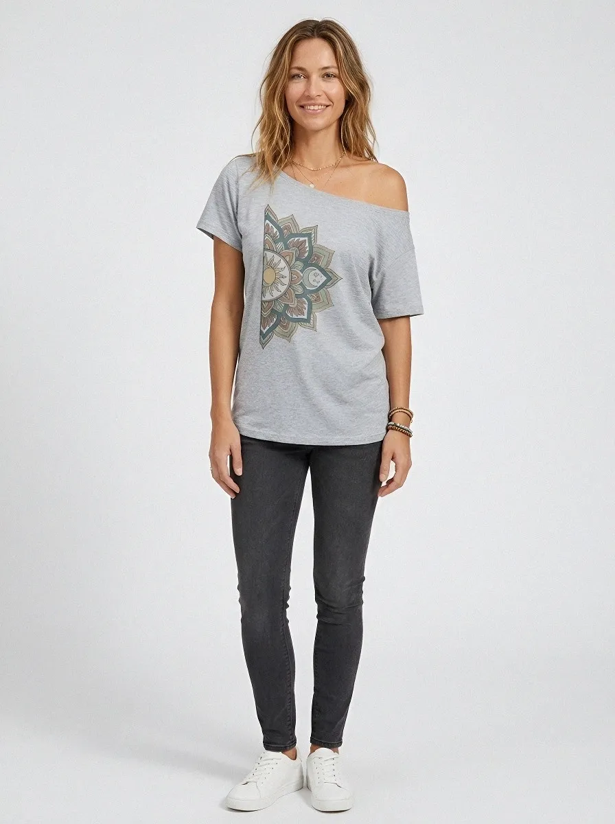 Women's Boho Mandala Sun Printed Off-Shoulder Top