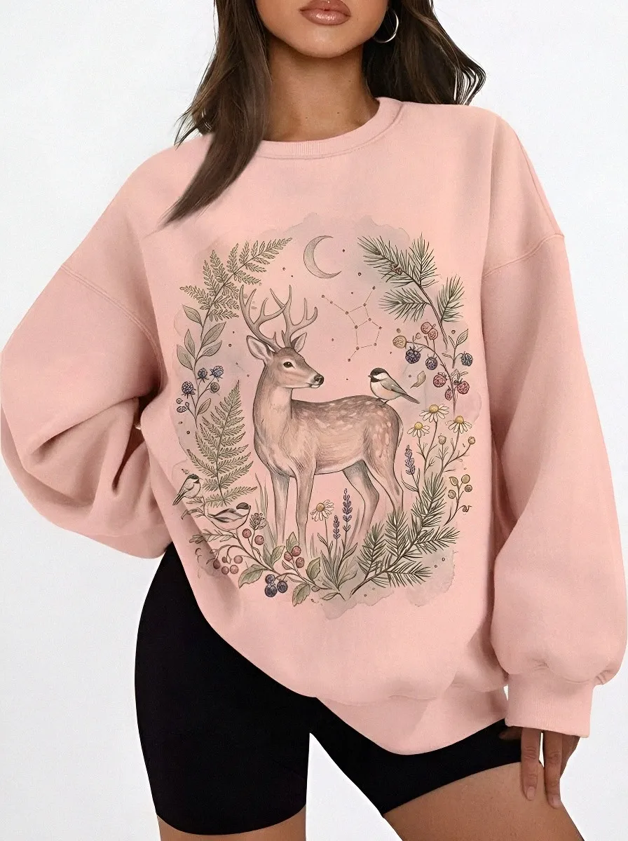 Women's Nature Lover Forest Deer Floral Printed Sweatshirt