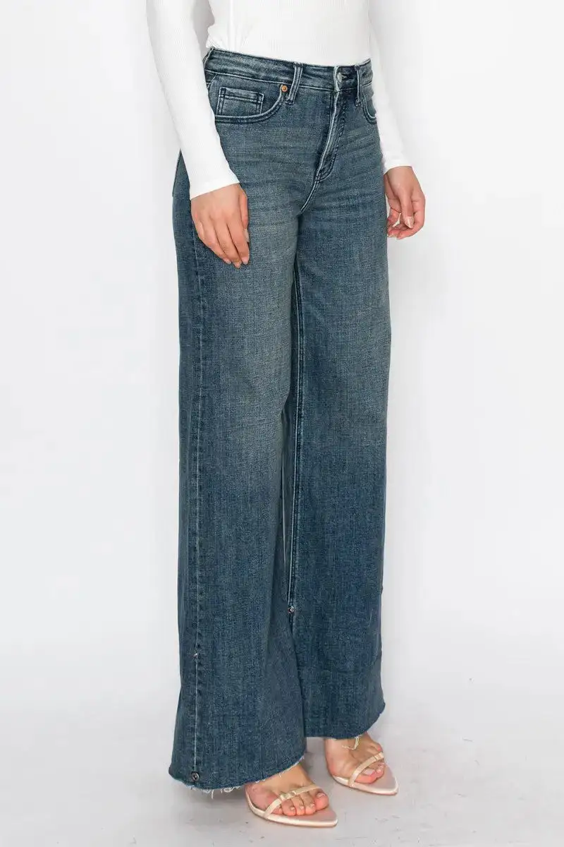 Tummy Control High Rise Wide Leg Cuffed Denim Jeans