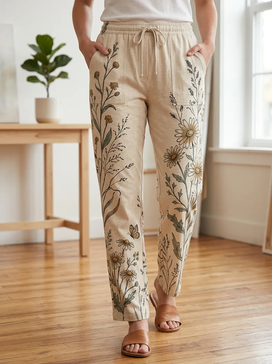 Women's Botanical Nature Lover Daisy Butterfly Printed Pants