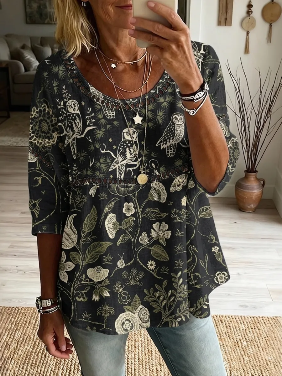 Women'S Casual Floral Lace Print Cotton Linen Top
