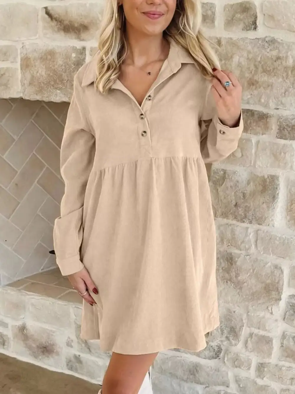 Polished Detail Corduroy Half Button Long Sleeve Mini Dress