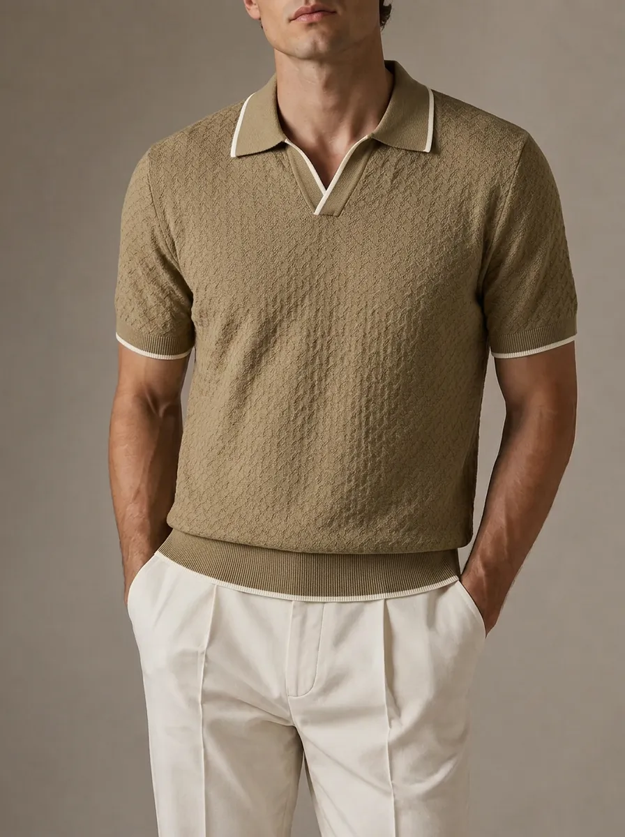Men's Khaki Textured Knit V-Neck Polo Shirt