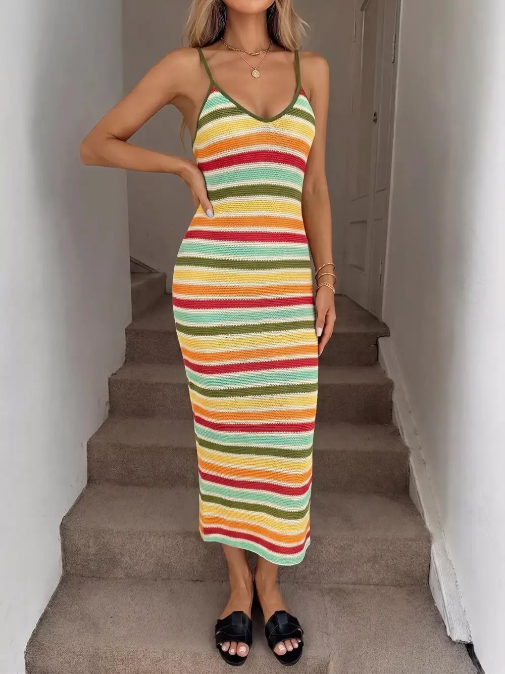 Bodycon Knit Striped Midi Dress