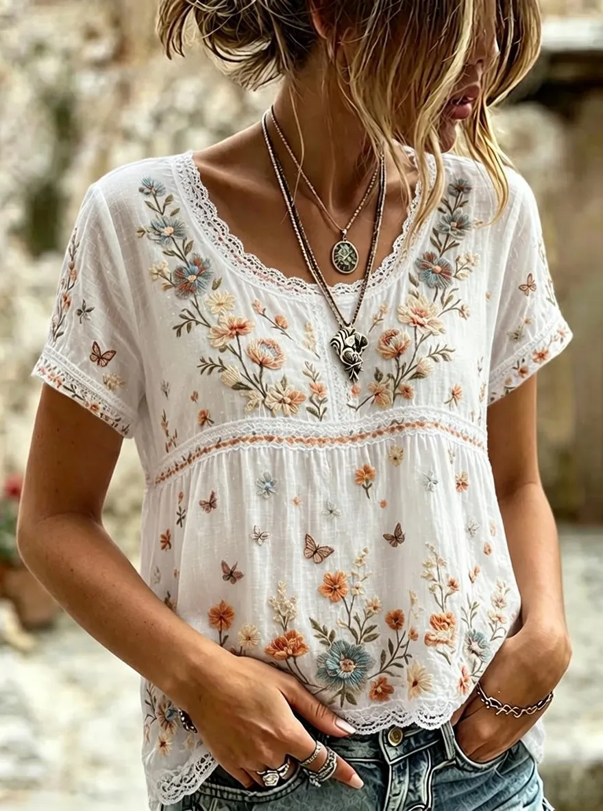 Women's Boho Floral Butterfly Embroidered Printed T-shirt