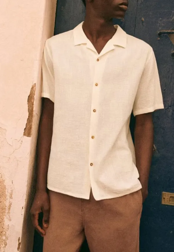 Cream Lightweight Cotton Linen Blend Camp Collar Shirt
