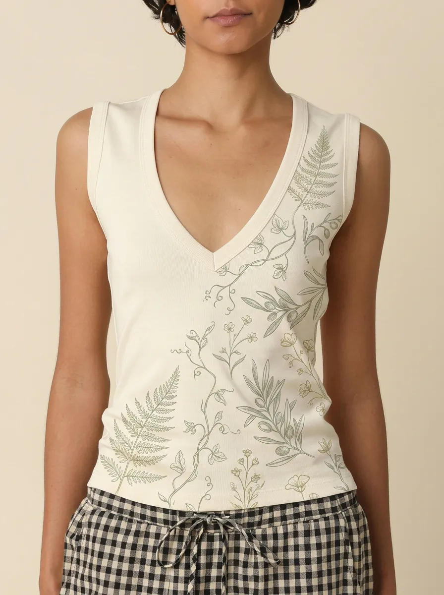 Women's Botanical Nature Lover Fern Olive Printed Tank Top