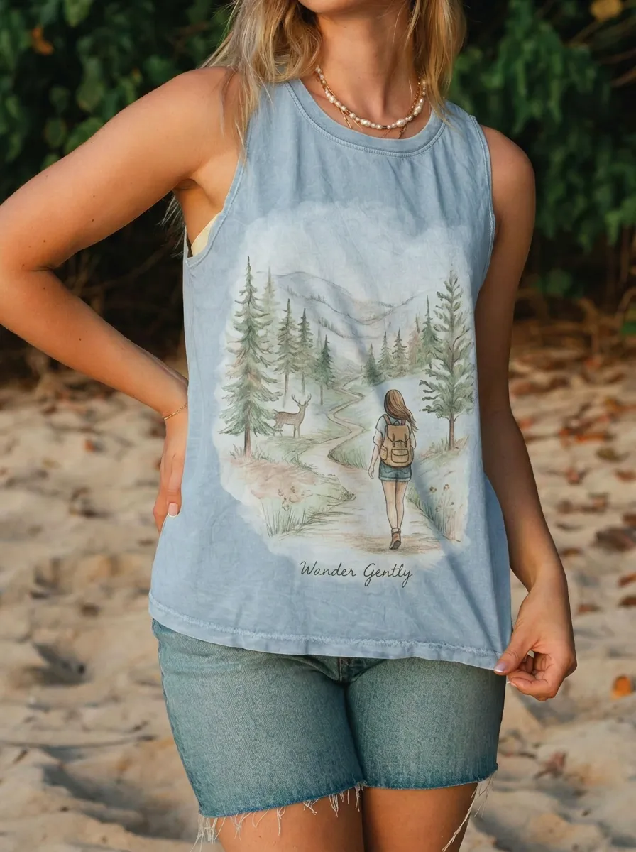 Women's Hiking Nature Lover Wander Gently Forest Deer Printed Tank Top