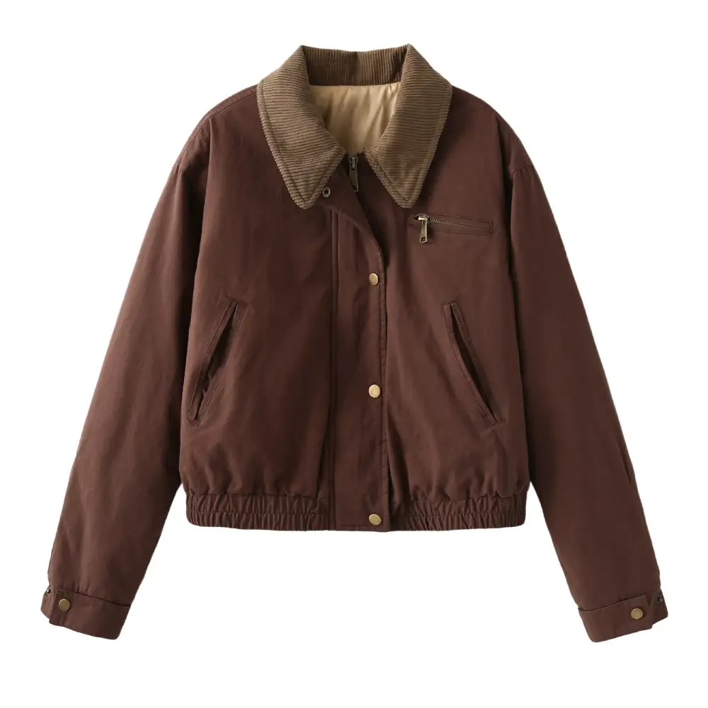 Cropped Corduroy Zip Front Bomber Jacket