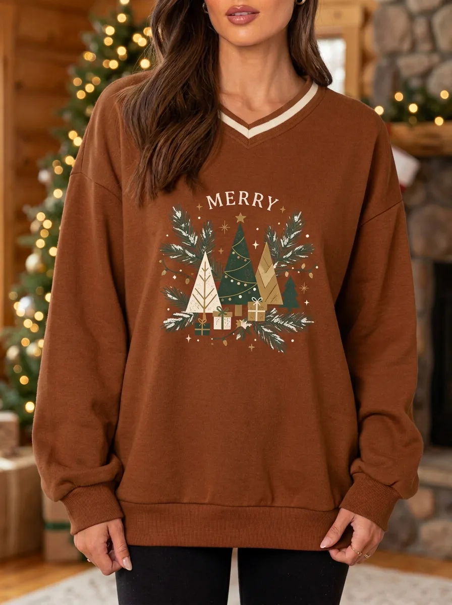 Merry Christmas Tree Gift Print Sweatshirt