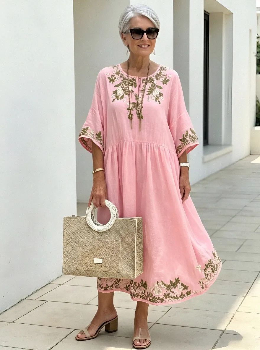 Women's Summer Vacation Floral Embroidered Linen Printed Dress