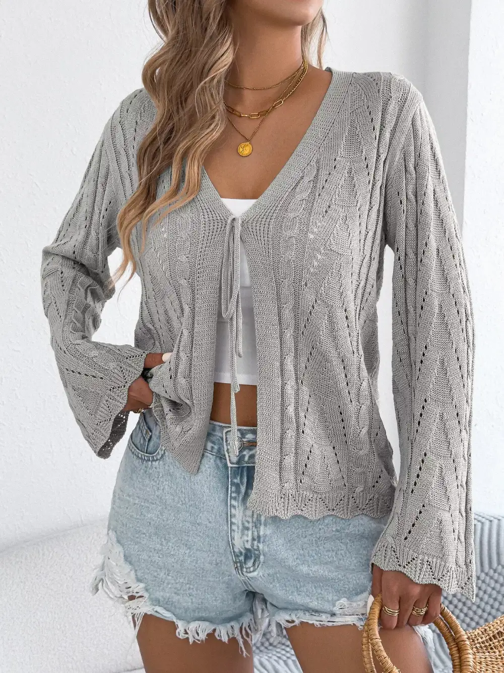 Openwork Tie-Front Knit Cardigan