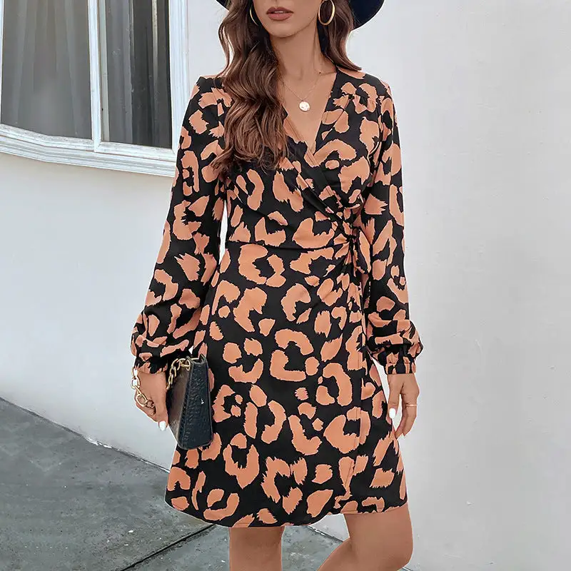 Women's Wrap Long-Sleeve Leopard-Print Dress