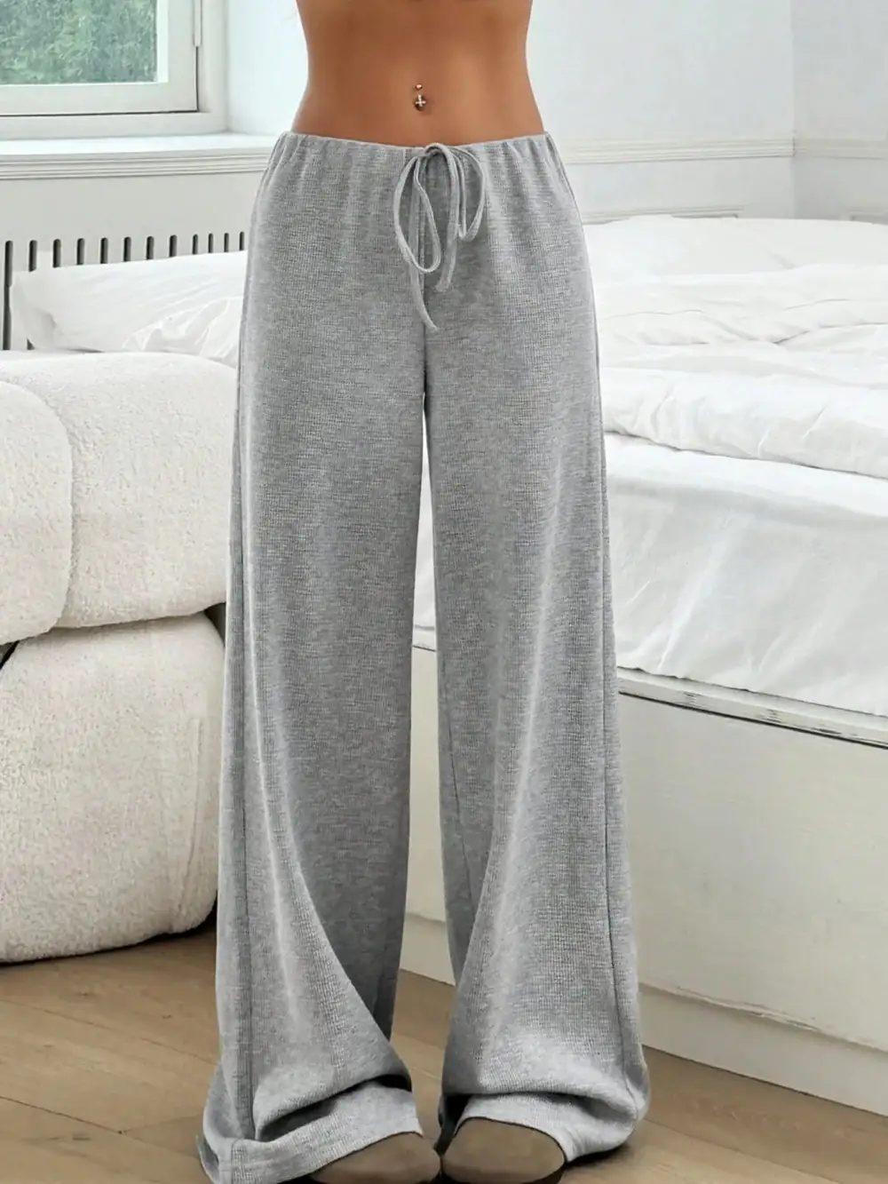 Wide Leg Drawstring Striped Casual Pants