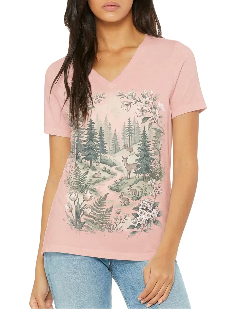 Women's Nature Lover Forest Deer Rabbit Printed V-neck T-shirt