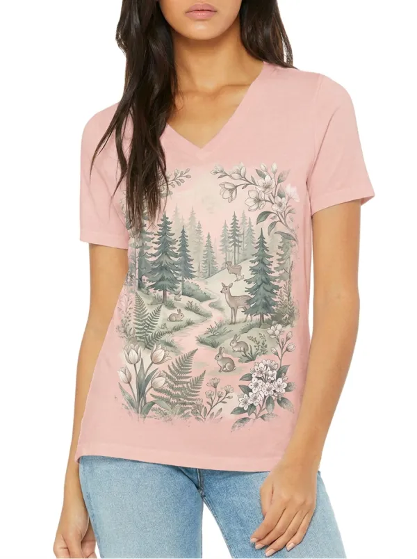 Women's Nature Lover Forest Deer Rabbit Printed V-neck T-shirt