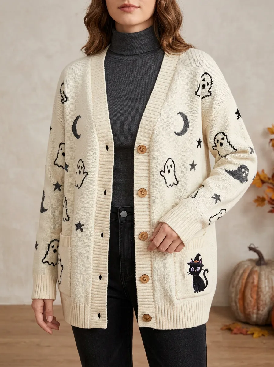 Women's Ghost Cat Moon Star Halloween Knit Cardigan