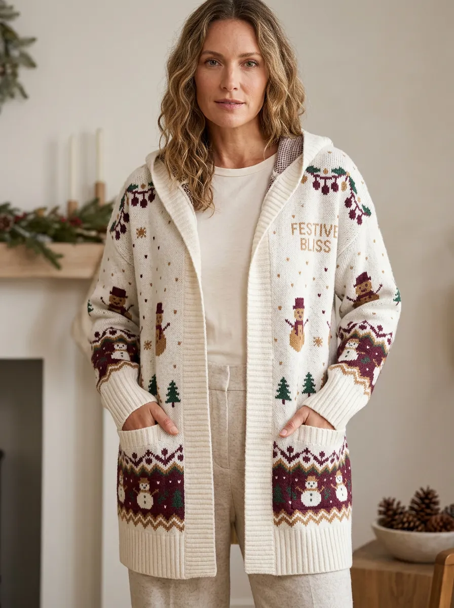 Christmas Festive Bliss Snowman Pattern Print Hooded Cardigan