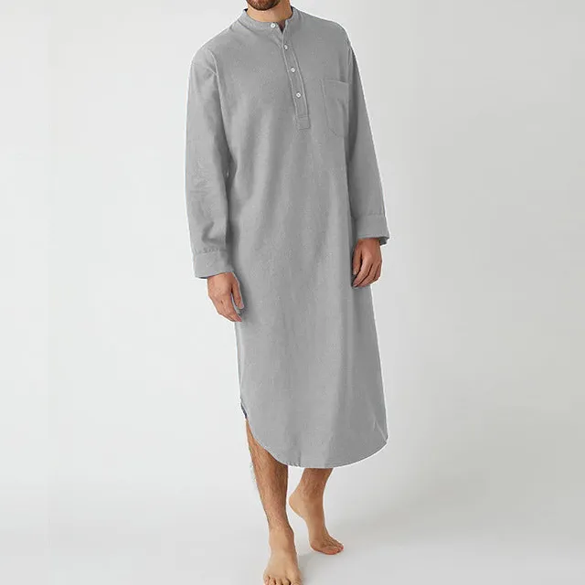 Men's Long Loose Shirt With Stand-up Collar Chest Pocket And Curved Hem