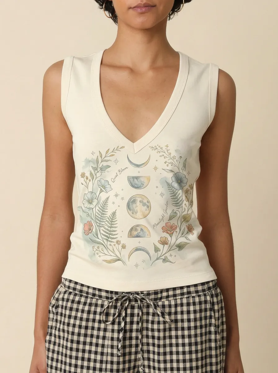 Women's Celestial Floral Moon Phase Printed V-neck Tank Top