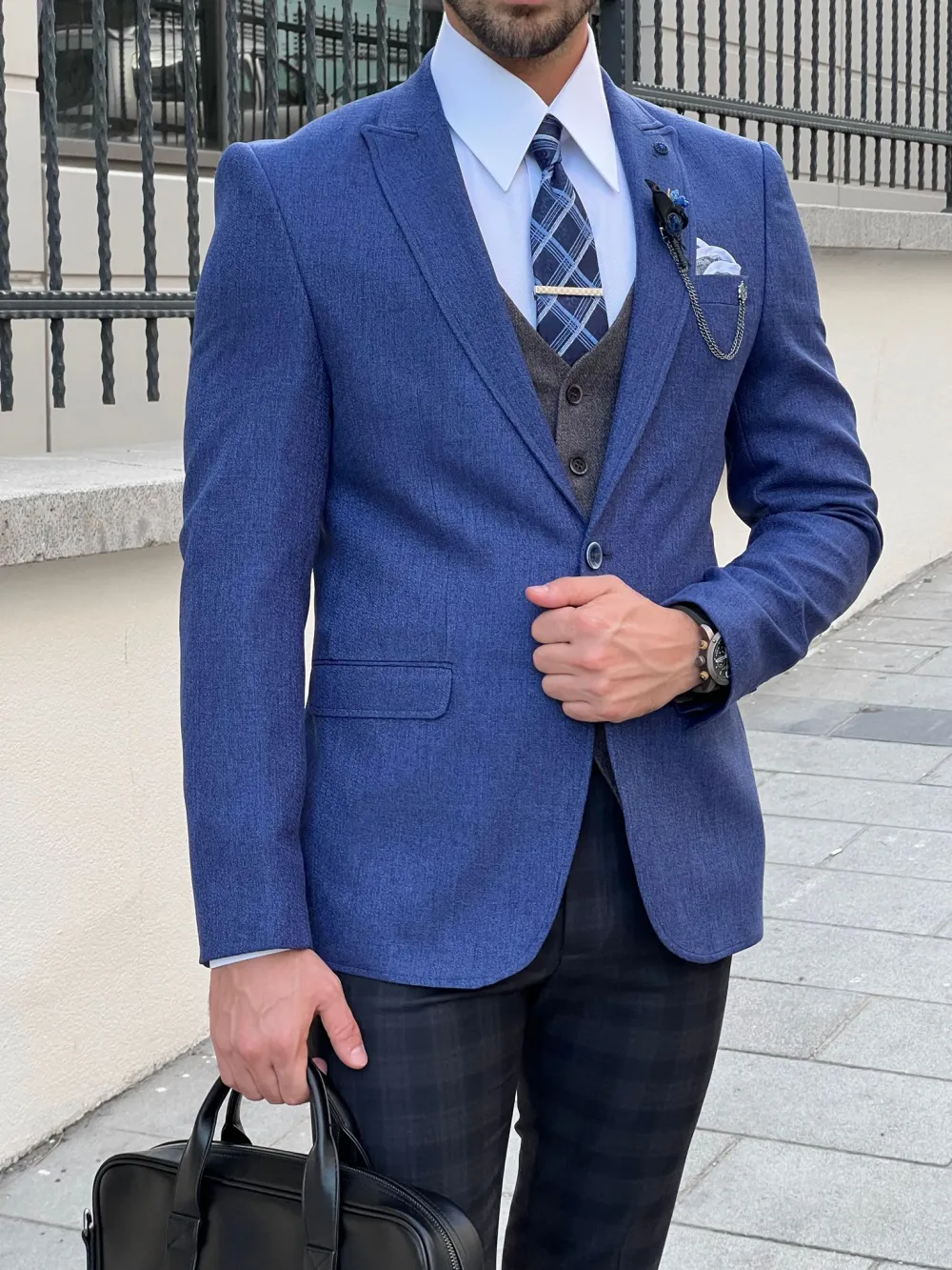 Slim Fit High Quality Mono Collar Knitted Sax Blazer