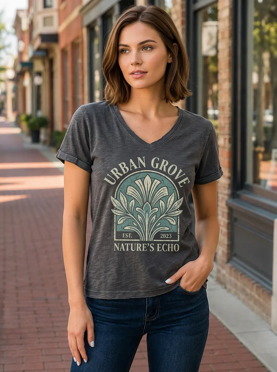 Women's Urban Grove Nature Botanical Printed V-Neck T-Shirt
