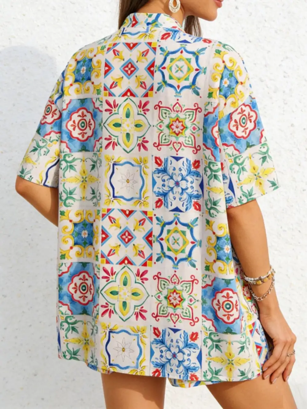 Printed Button Up Shirt Shorts Set