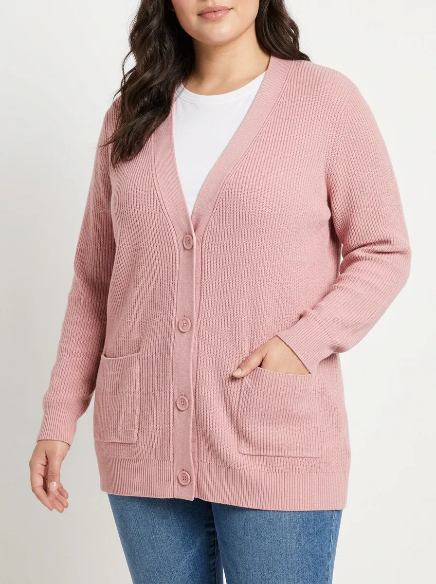 Women's Casual Pink Ribbed Knit Button Down Cardigan
