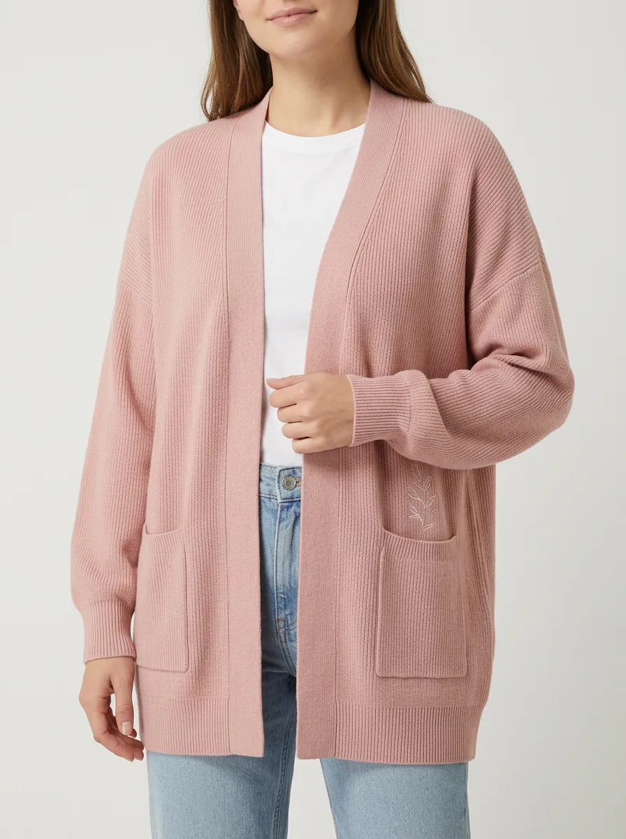 Women's Minimalist Leaf Embroidery Pink Ribbed Knit Cardigan