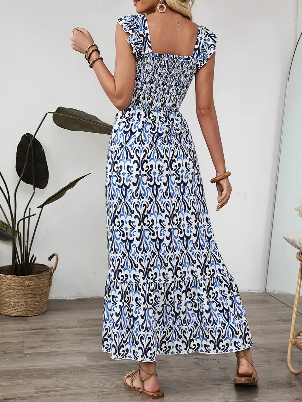 Sky Boho Print Smocked High Waist Maxi Dress