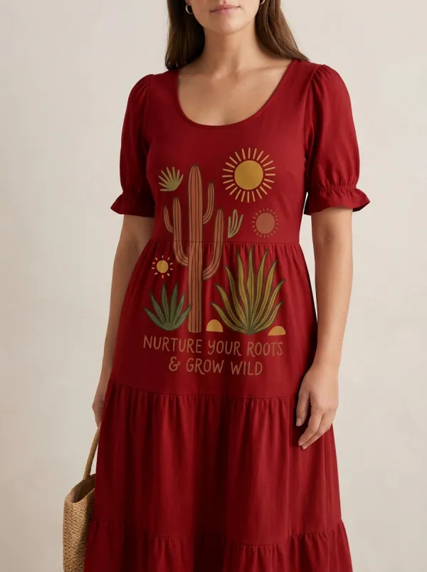 Women's Desert Cactus Nurture Your Roots Printed Midi Dress