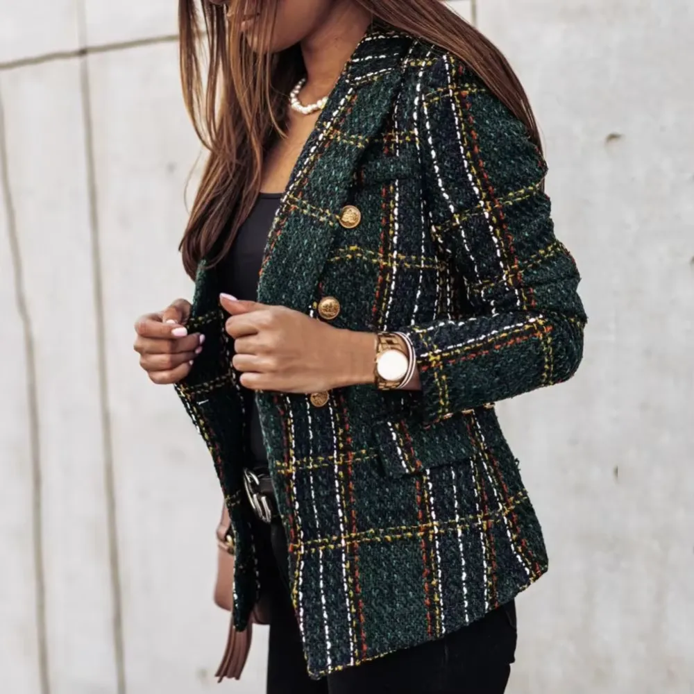 Double-Breasted Plaid Tailored Blazer