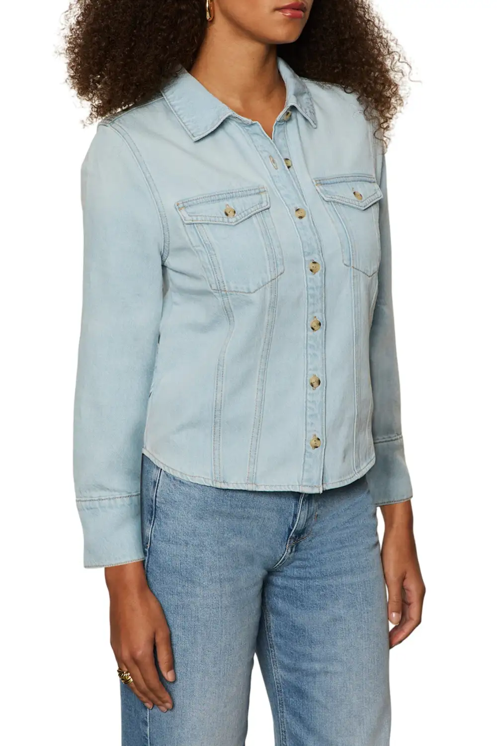 Denim Button Front Collared Relaxed Shirt