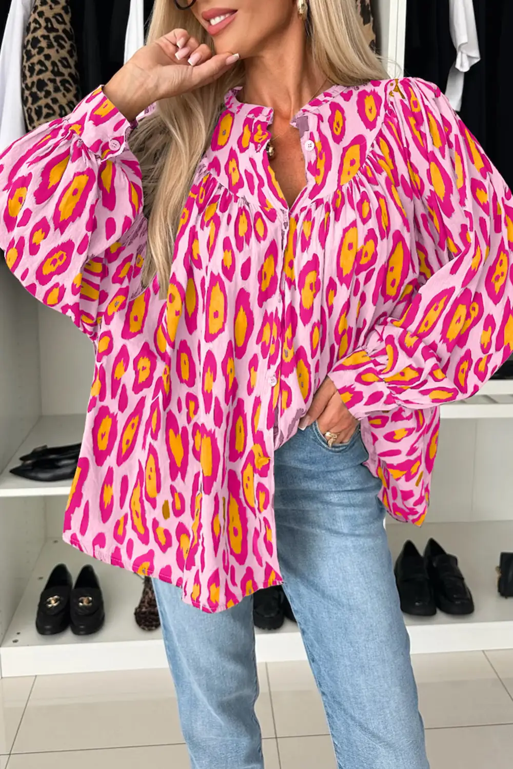 Leopard Print Relaxed Fit Western Inspired Shirt Blouse