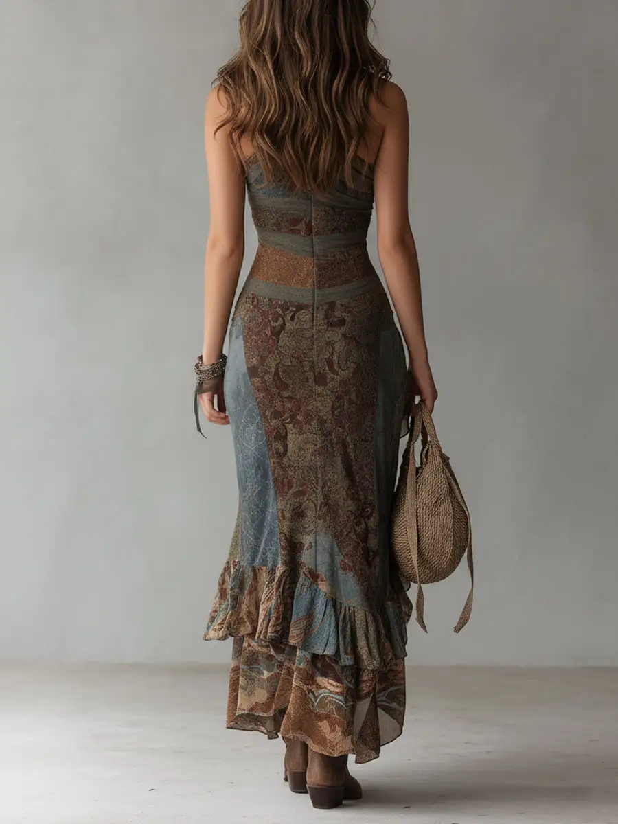 Retro Ethnic Style Printed One-shoulder High Slit Maxi Dress