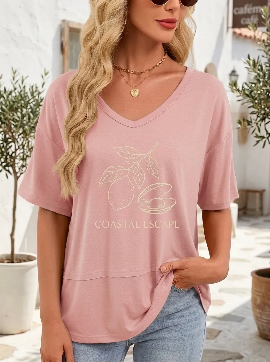 Women's Coastal Escape Lemon Shell Printed V-Neck T-Shirt