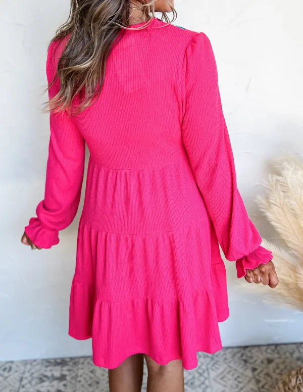 Textured Ruffle Trim Tiered Mini Dress