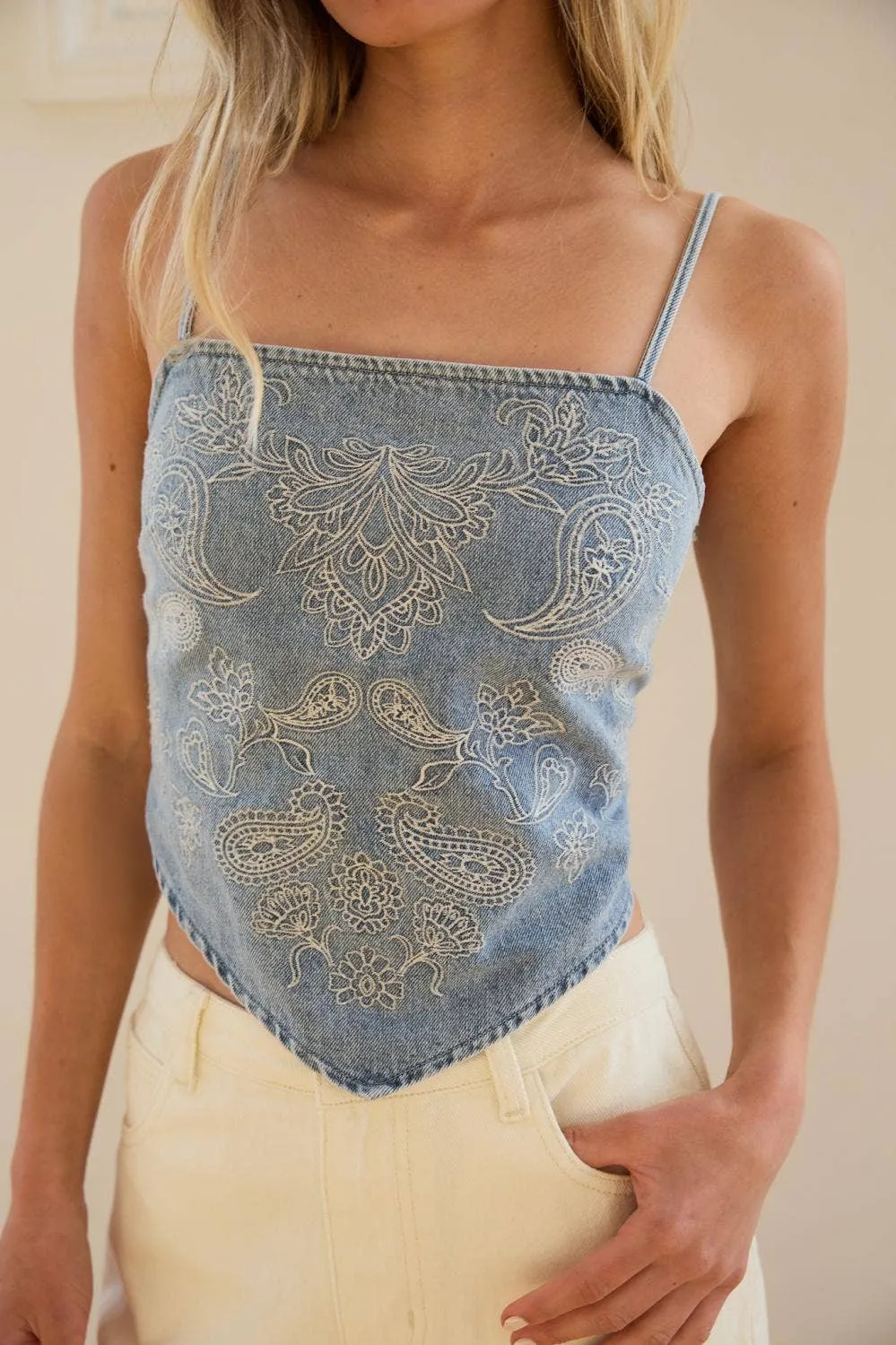 Denim Paisley Embroidery Bandana Top