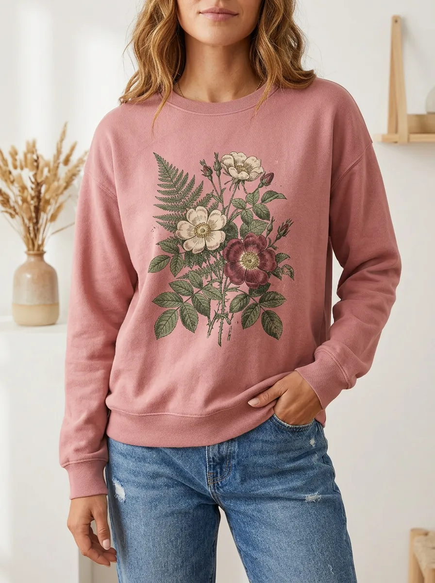 Women's Botanical Nature Lover Wildflower Fern Printed Sweatshirt